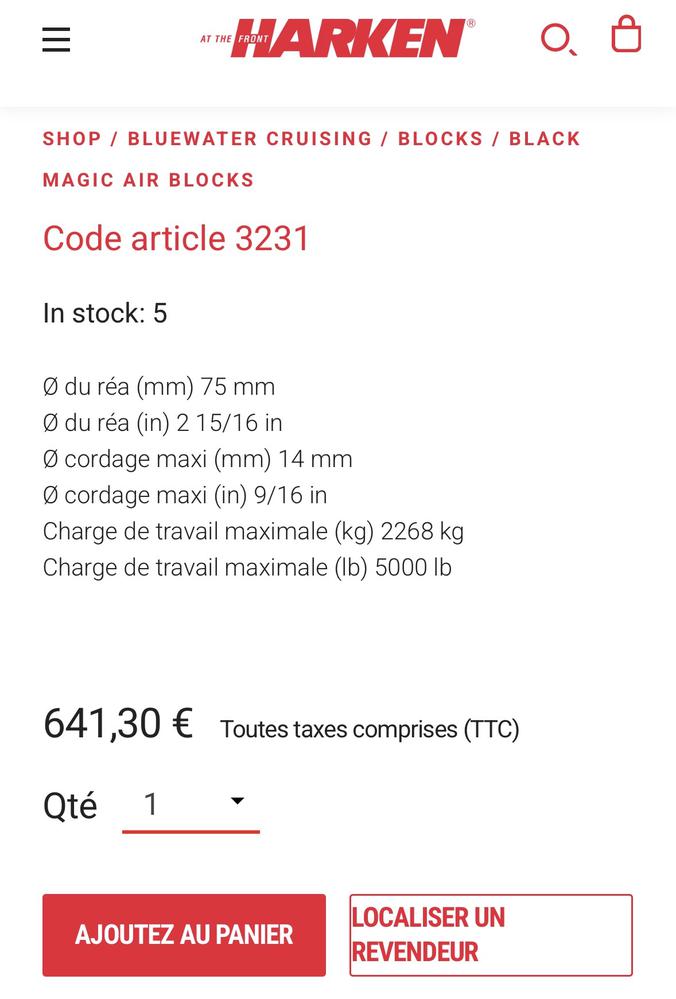 Poulie Harken black magic 75mm