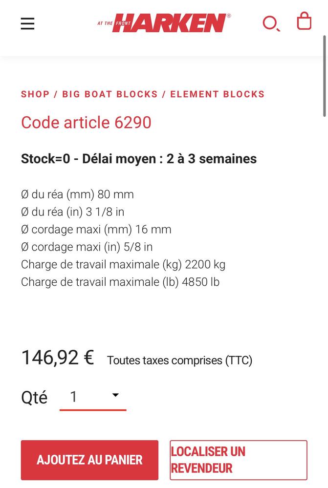 Poulie Harken Element simple à émerillon 80mm